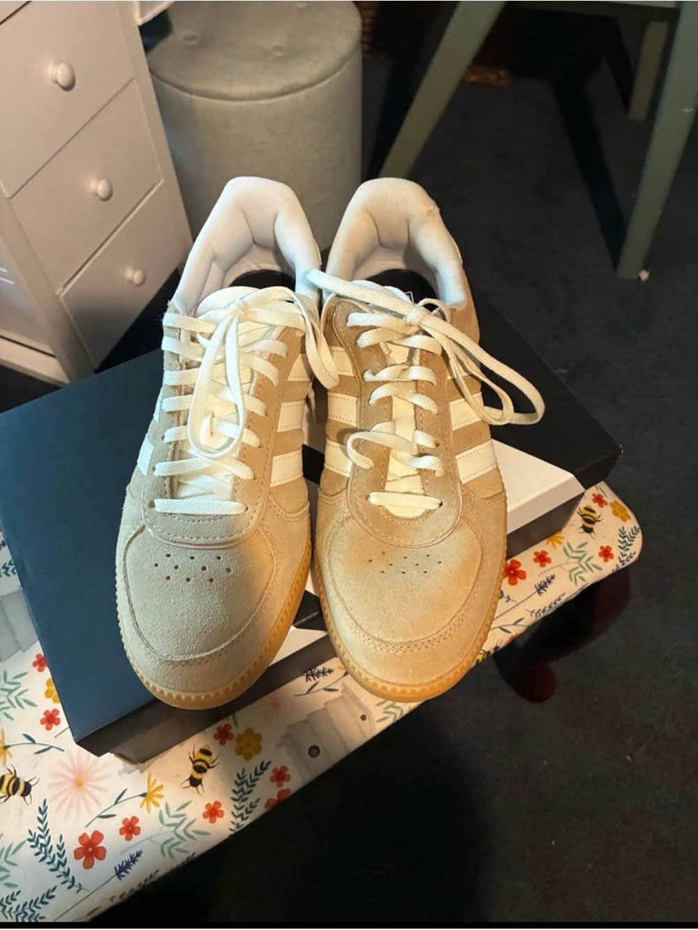 adidas Women’s Tan Suede Sneakers with White Stripes - Picture 2 of 8